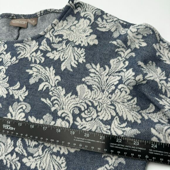 Chicos 3/XL 3/4 tab sleeve‎ pullover tunic tight knit sweater blue white pattern - Picture 8 of 8